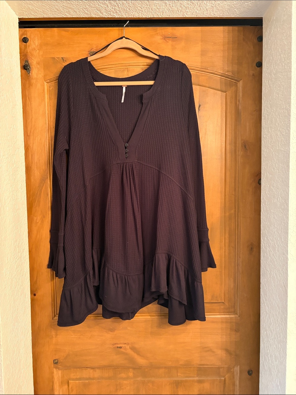 Free People black Ribbed Henley Ruffle Tunic